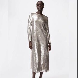Zara Silver Sequin Midi dress NWOT size Small but fits like Medium. Formal